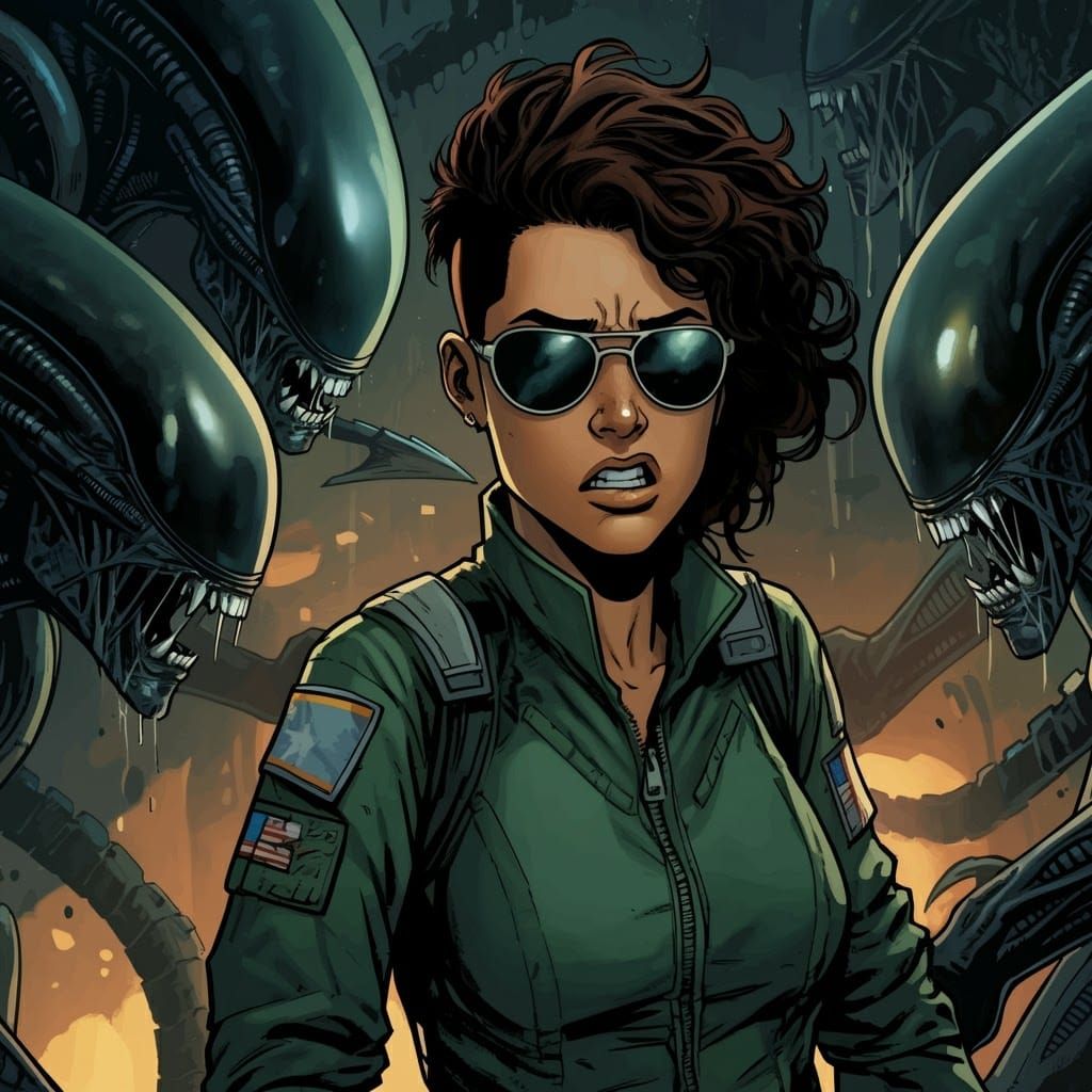 Heroic Brunette in Green Flight Suit Battles Xenomorphs in C...