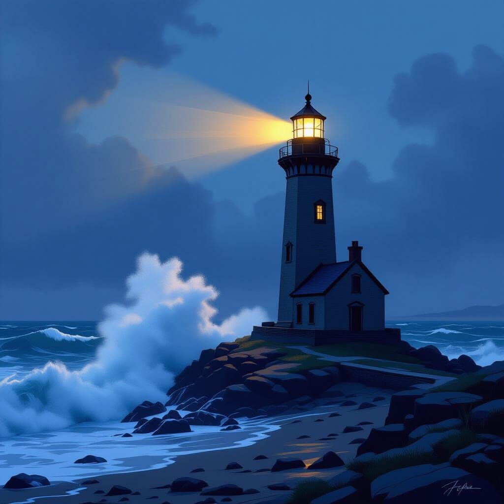 Weathered Lighthouse on Rocky Coast at Twilight