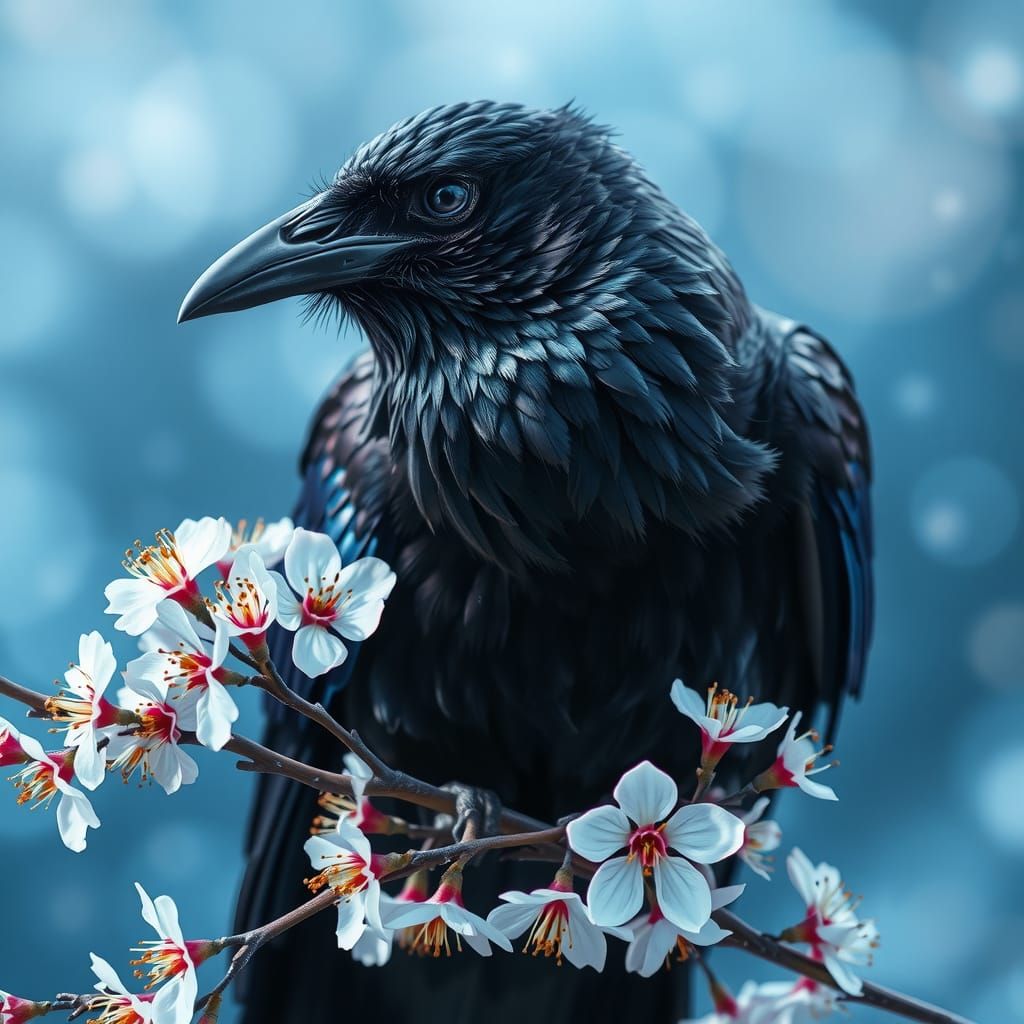 Majestic Raven on Flowering Branch in Realistic Style