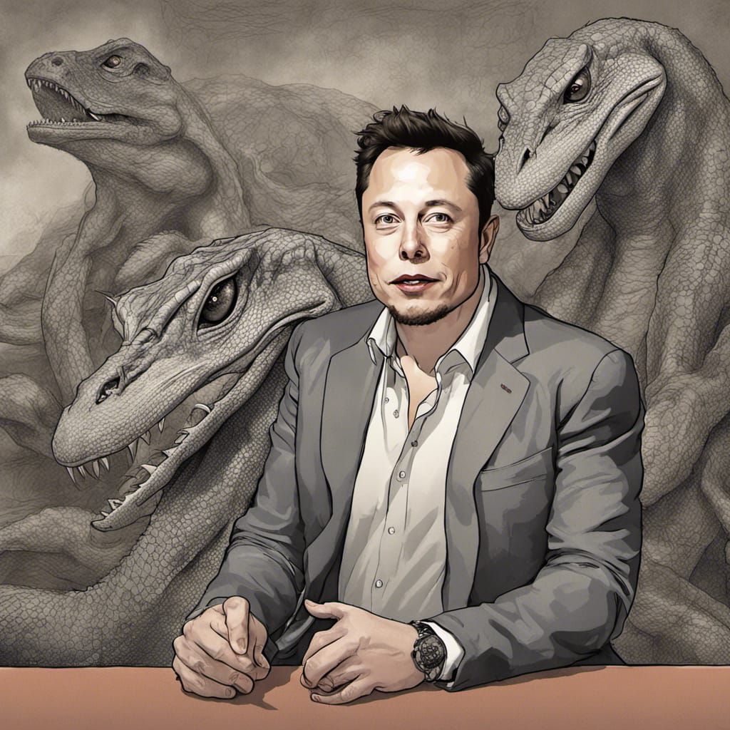 Elon Musk as a Reptilian Figure in a Neon World