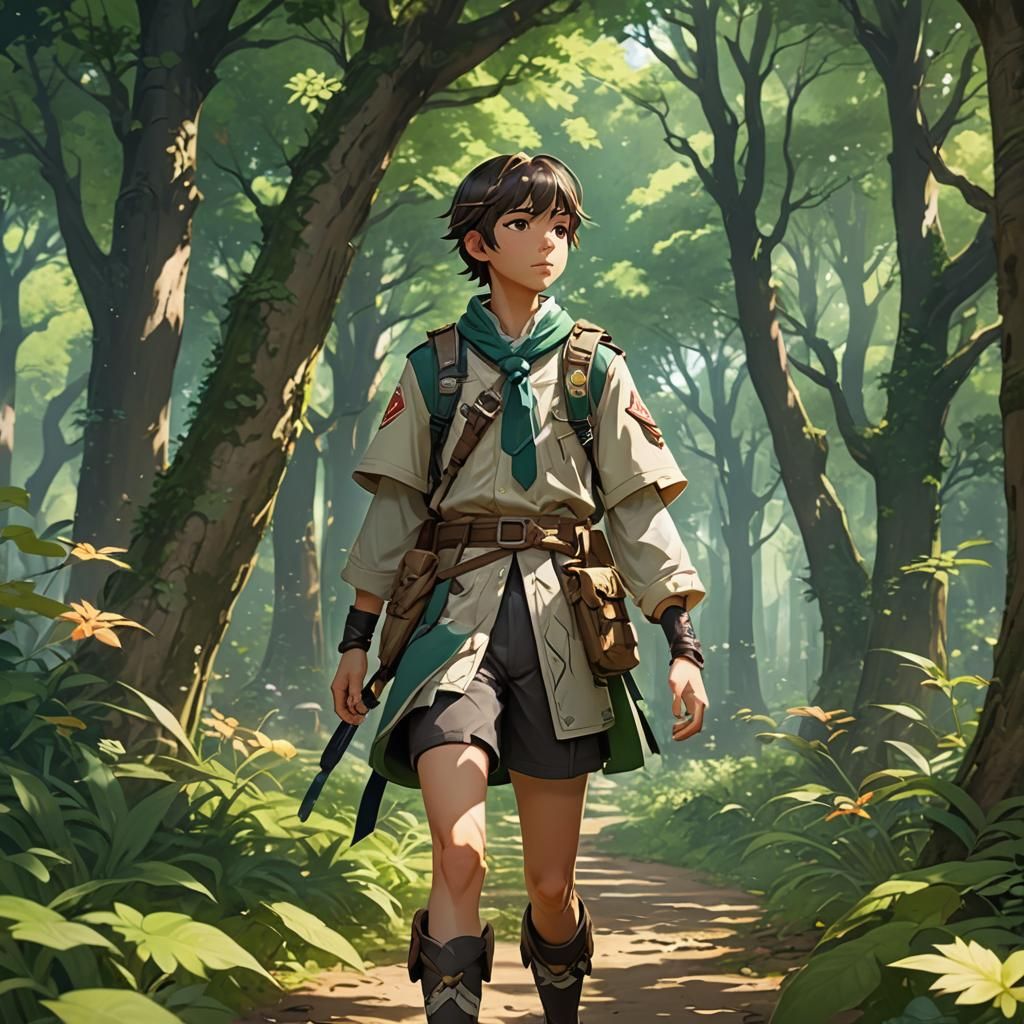 Anime-Style Scout in a Lush Forest Setting