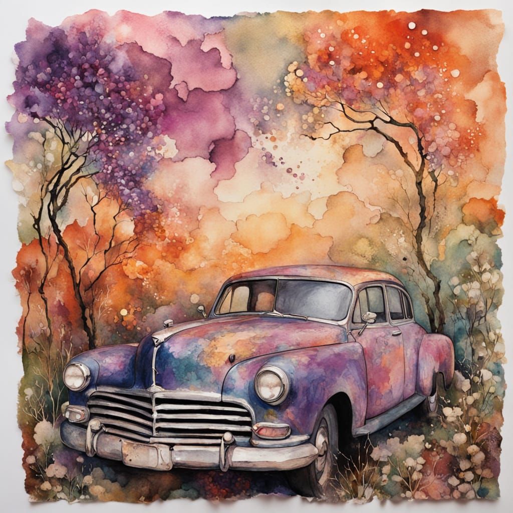 Vintage Car Bursting with Flowers in Impressionist Style
