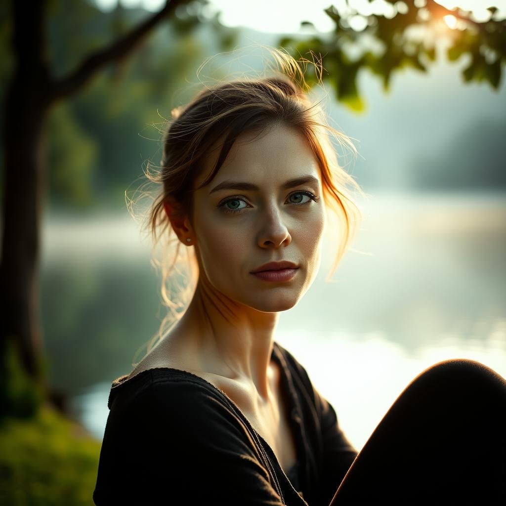 A Contemplative Moment by Dawn's Tranquil Lake