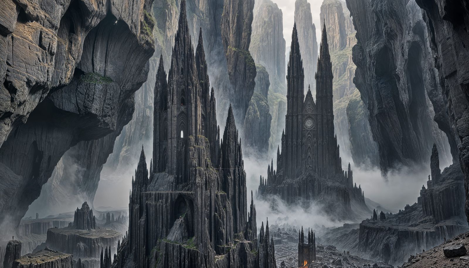 Basalt Skyscrapers Inside Cavern: Cinematic Film Still