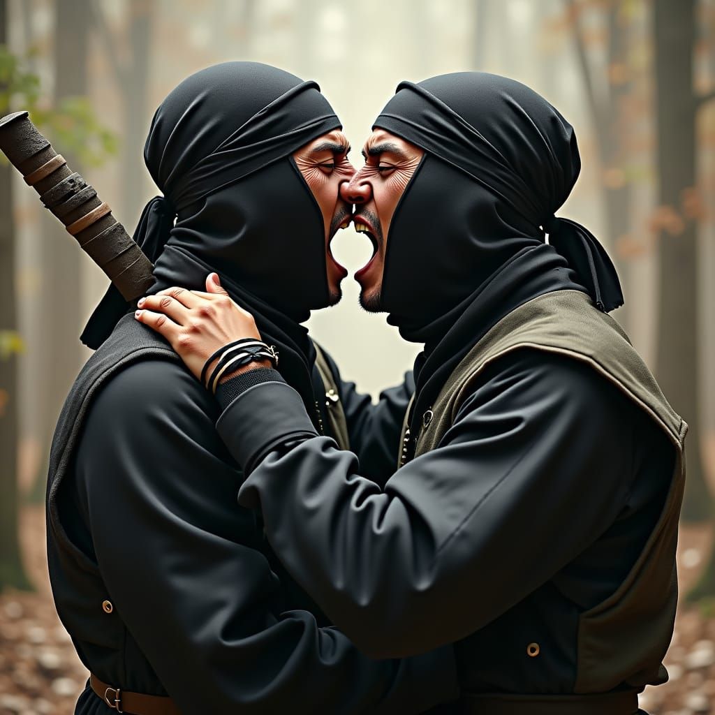 Romantic Ninja Embrace in Hyperrealistic Detail