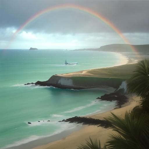 Sailing Boat in Fauvist Seascape with Arco Iris and Beach Fo...