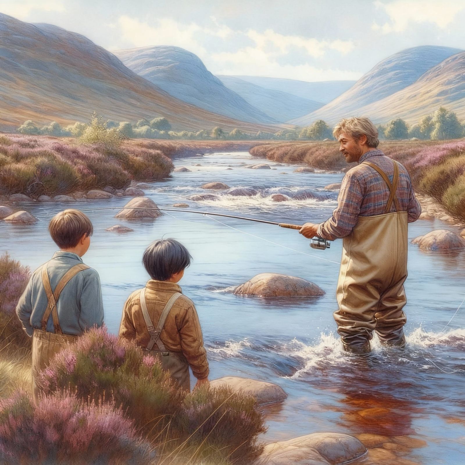 Scottish River Fishing Scene with Family
