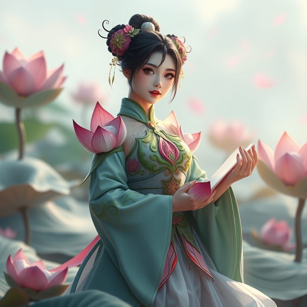 Serene Lotus Goddess in Vibrant Anime-Inspired Attire