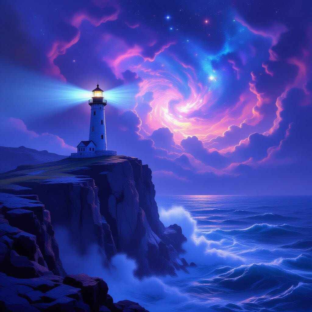 Cosmic Lighthouse on Obsidian Cliff in Nebula Sky