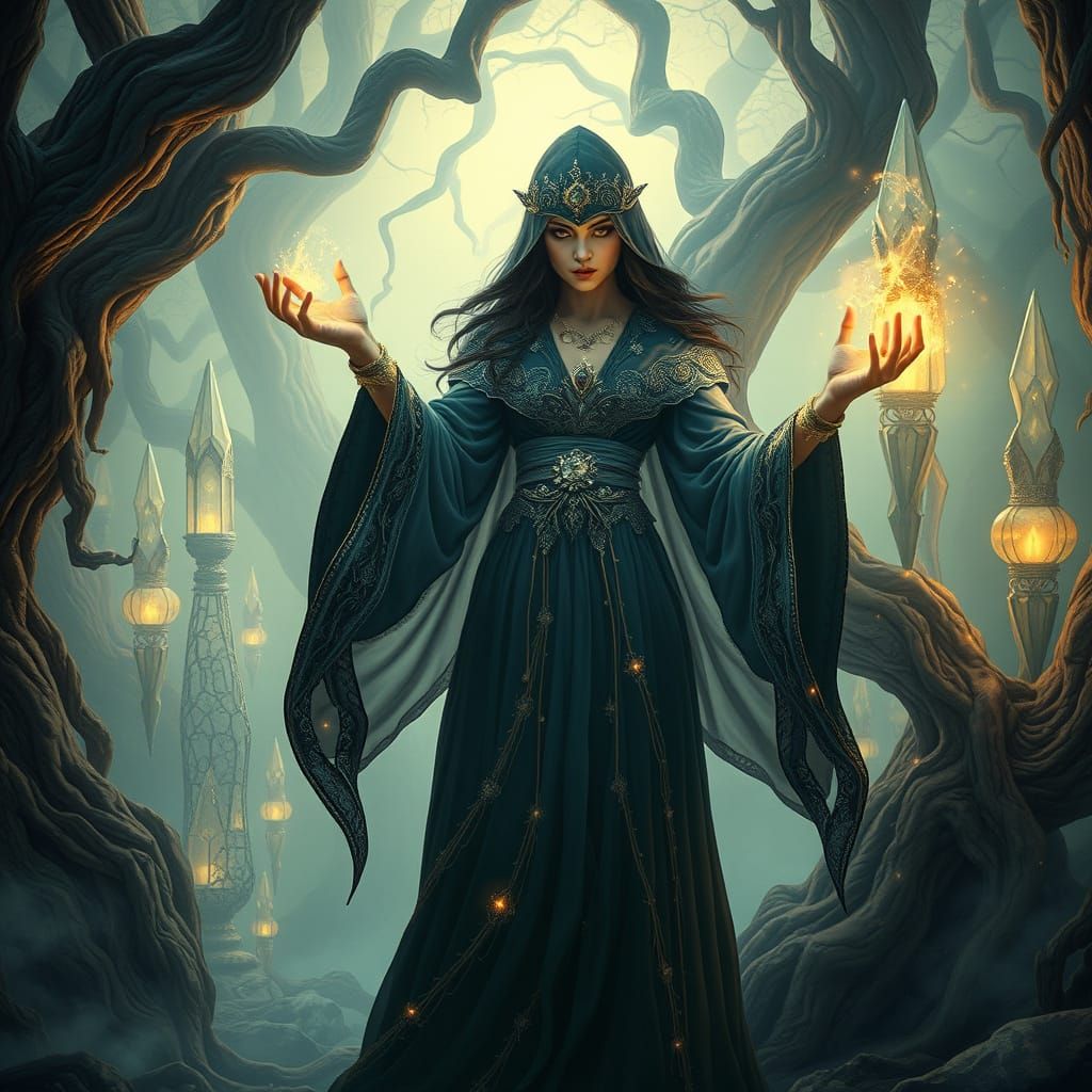 Mysterious Sorceress Casting a Spell in Art Nouveau Style