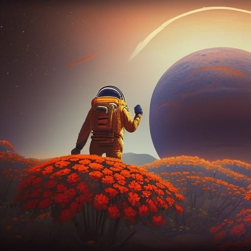 Astronaut Amidst Martian Blooms
