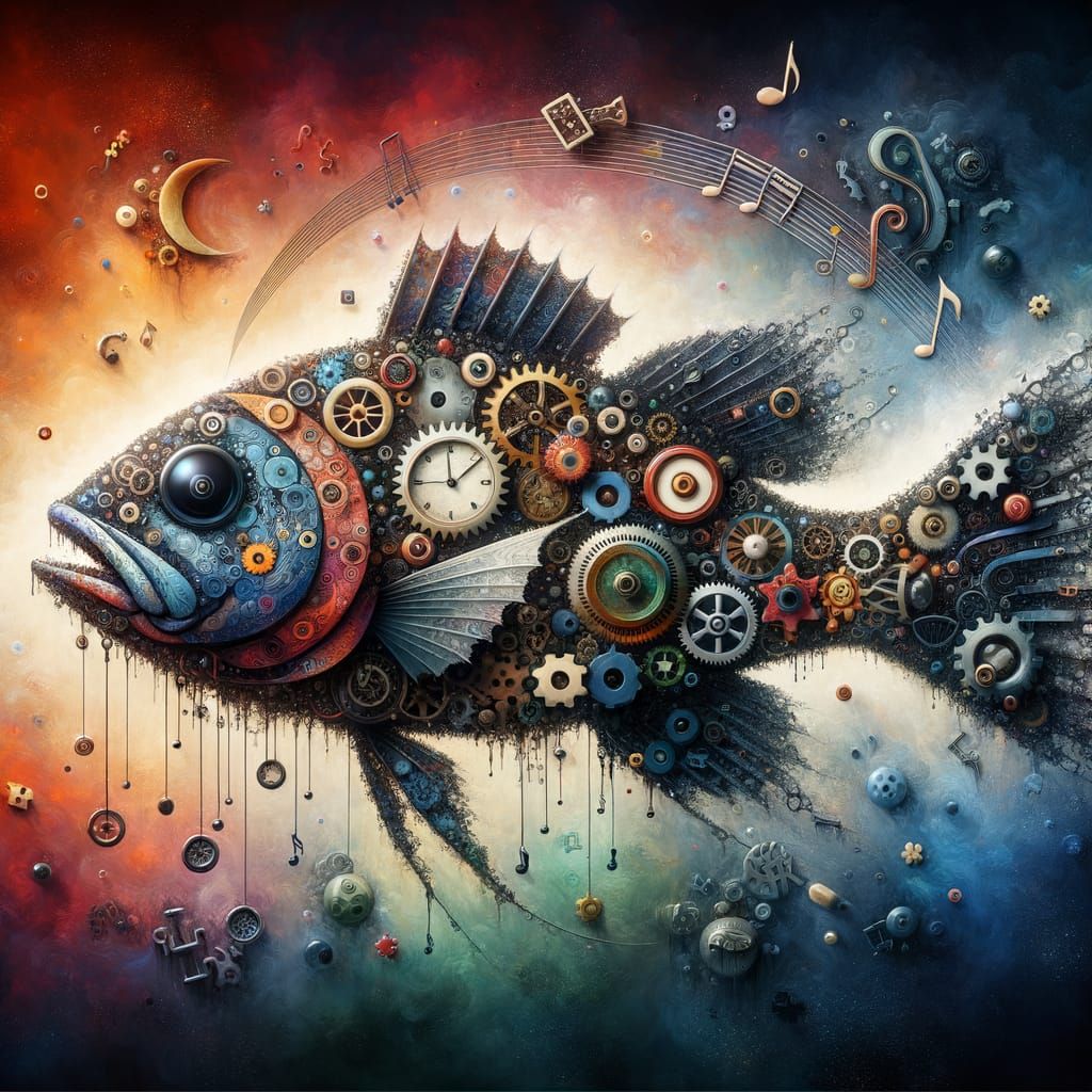 Abstract Bass Fish Design with Clockwork and Musical Element...