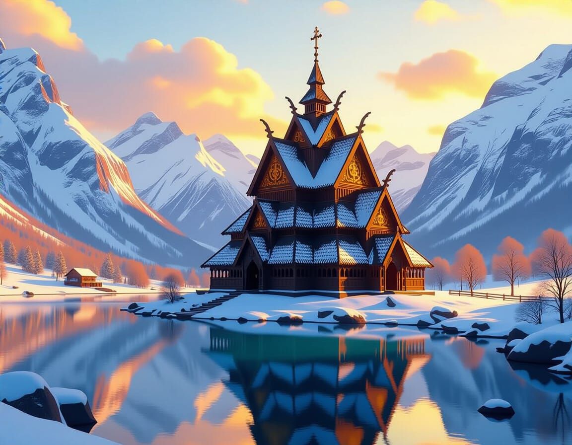 Norwegian Stave Church in Valley, Cinematic Digital Art