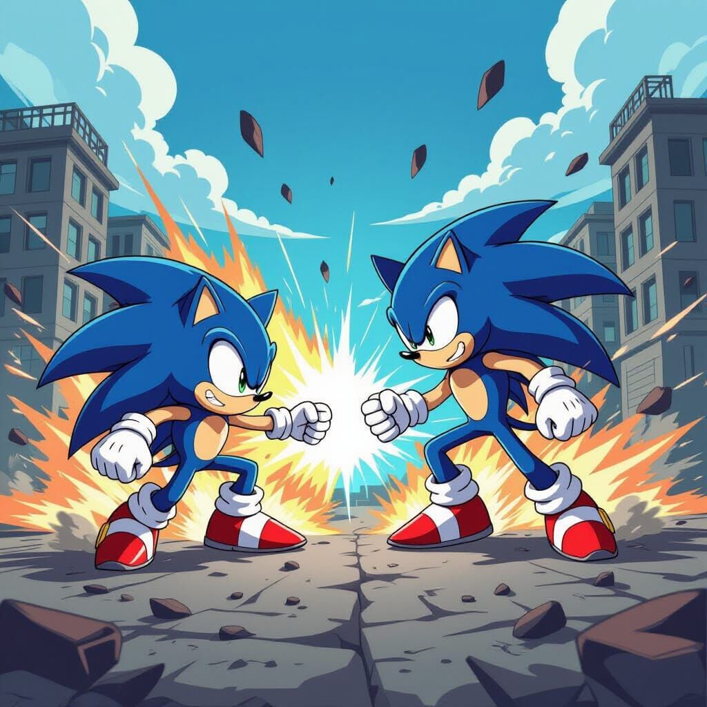 Sonic and Shadow Battle in Ruined City Anime Style