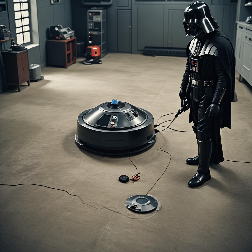Cyberpunk Sith Lord Monitors Galactic Cleaning Droid on a Va...