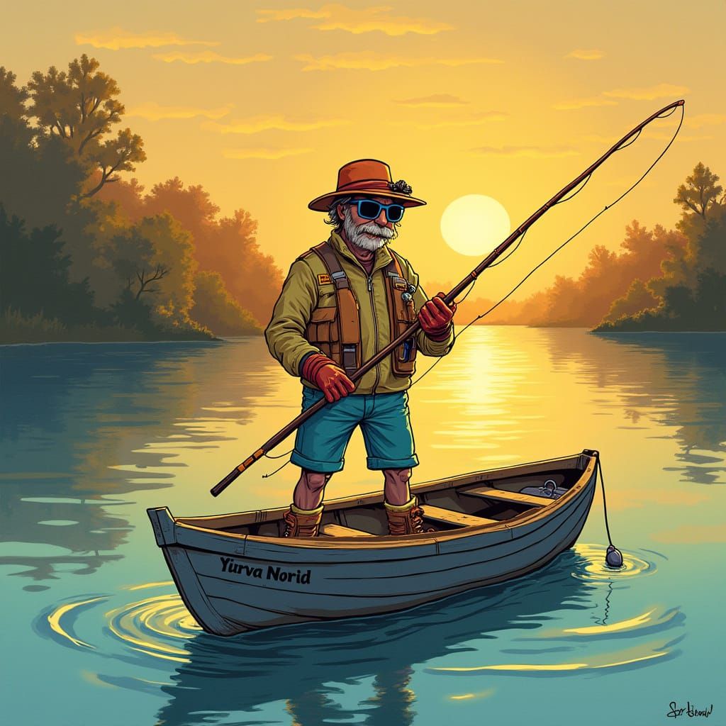 Whimsical Fisherman at Sunset