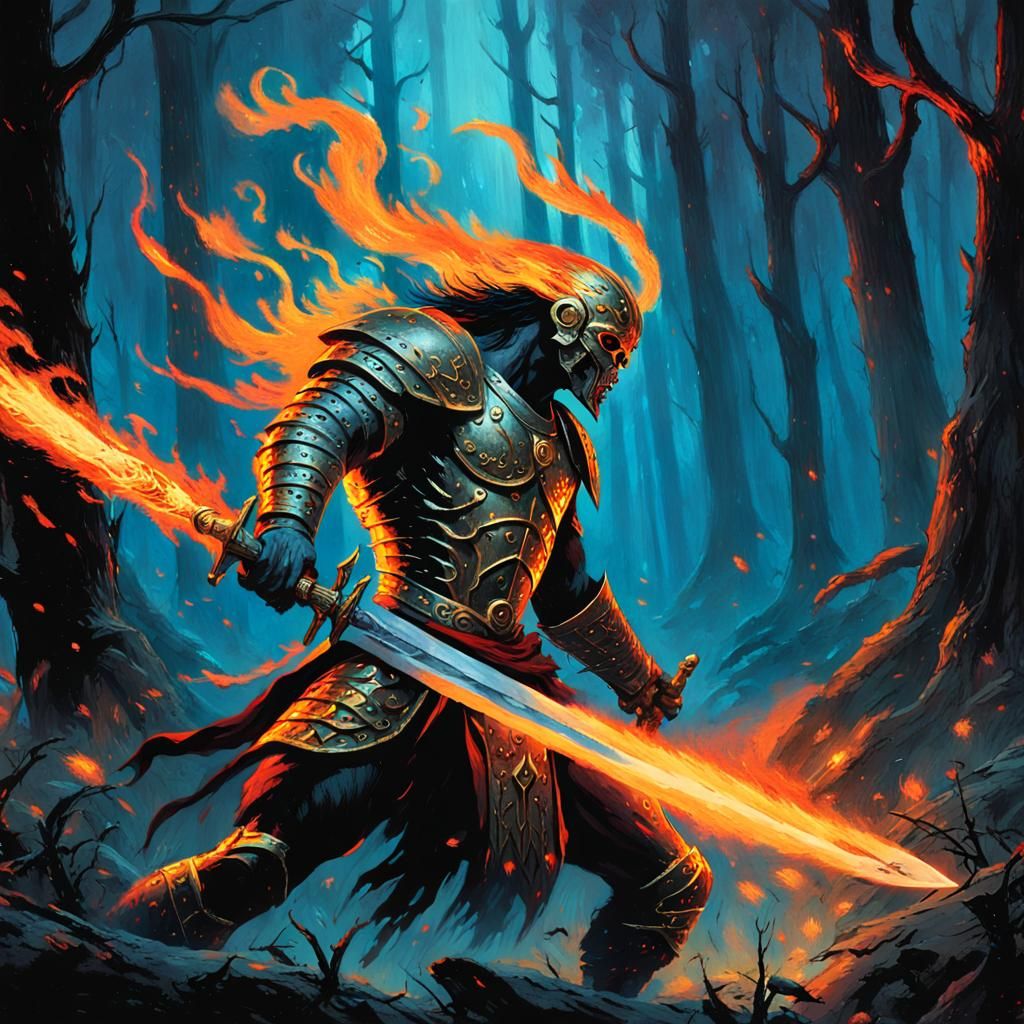 Epic Fantasy Warrior Holds Flaming Sword in Dark Forest