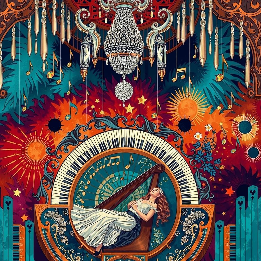 Art Nouveau Musician Under Chandelier Aerial View