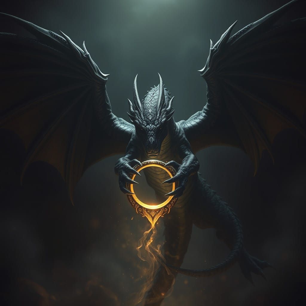 Majestic Black Dragon Grasping Ancient Ring in Ethereal Glow