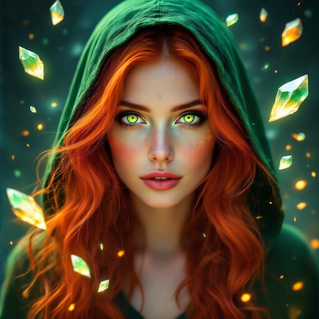 Mystical Emerald-Eyed Woman in Neon Noir