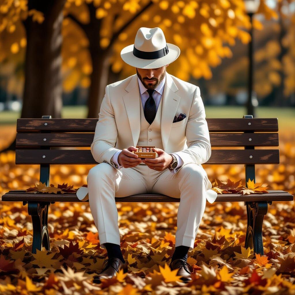 Autumnal Serenity: Man with Chocolates on Bench