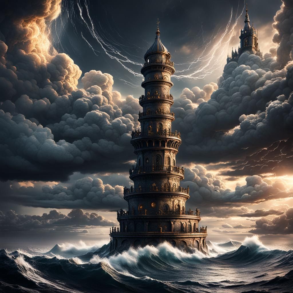 Majestic Oceanic Spire Ascends Above Darkened Skies