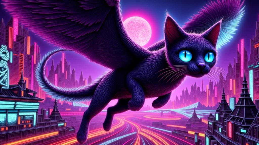 catdragon flying above a cyber neon city