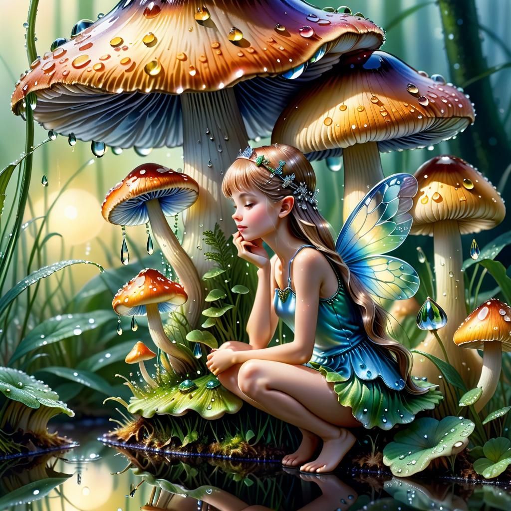 Fairy in Dew Drop Reflects Morning Light