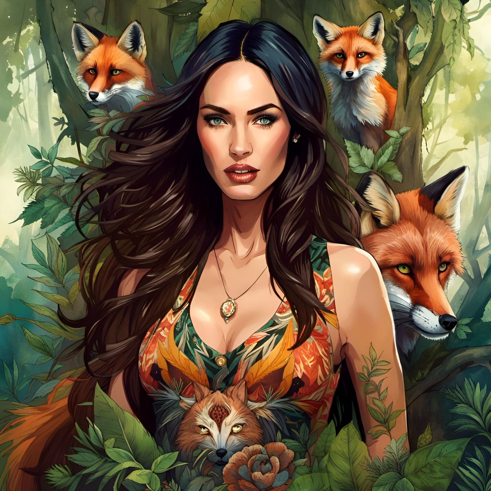 Gorgeous Megan Fox in Fox Outfit, Fun Forest Background