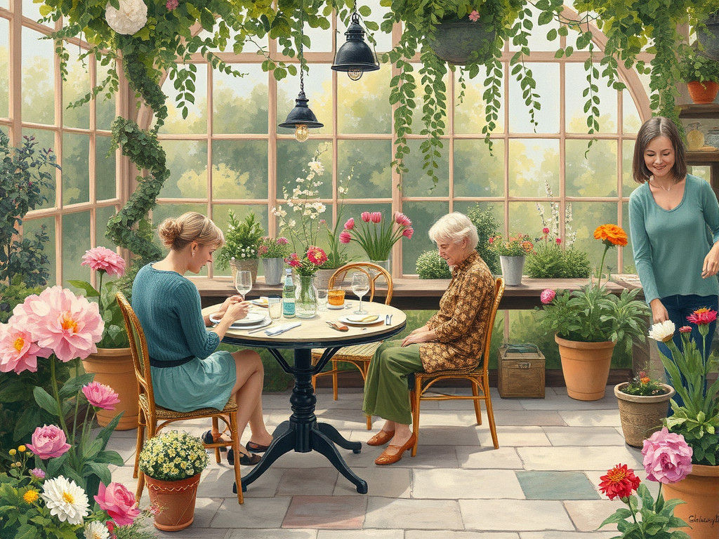 Garden Café Scenes in Whimsical Watercolor Style