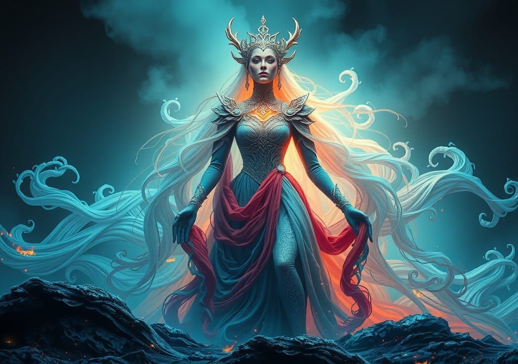 Ethereal Underworld Queen in Double-Exposed Cyan Haze