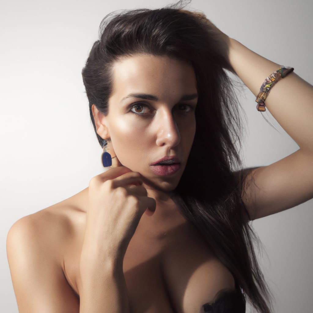 gorgeous young woman with dark hair posing in bikini, photorealism Sigma 24 mm f/8