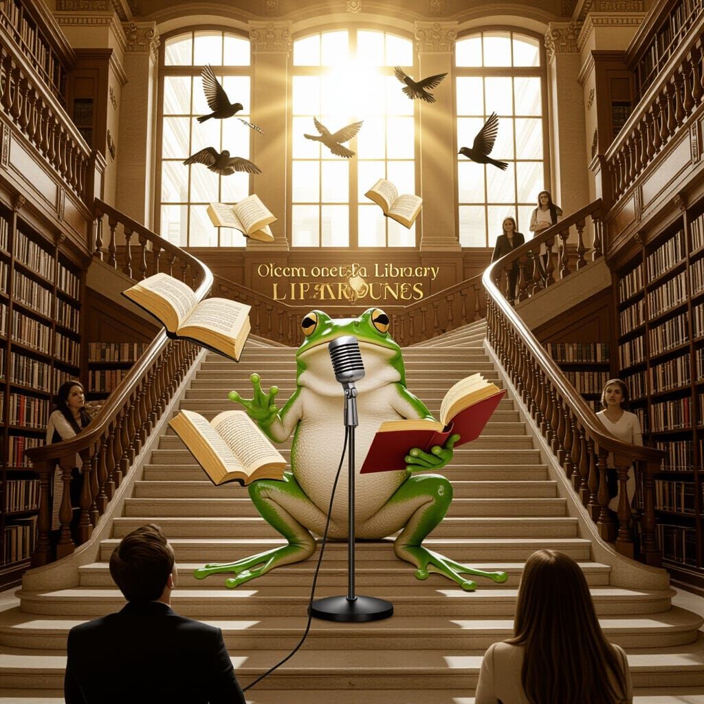 Frog Opera on Library Stairs with Flying Books