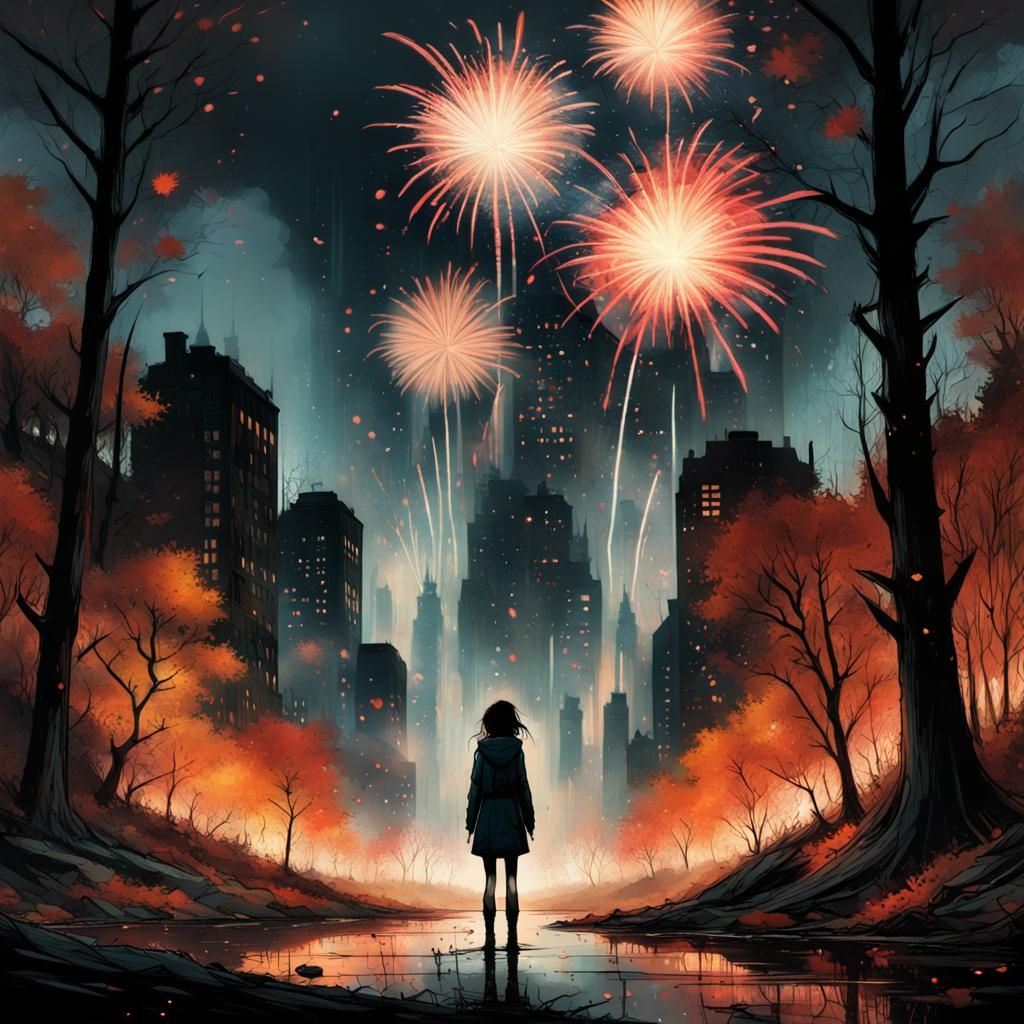 Cyberpunk Cityscape in a Dark Autumn Wood