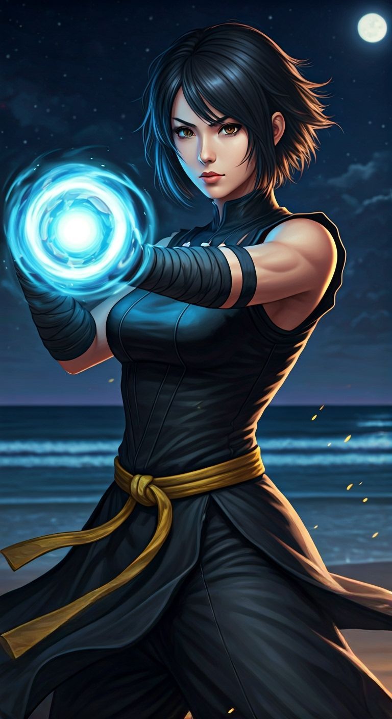 Woman Prepares Blue Hadouken on Night Beach