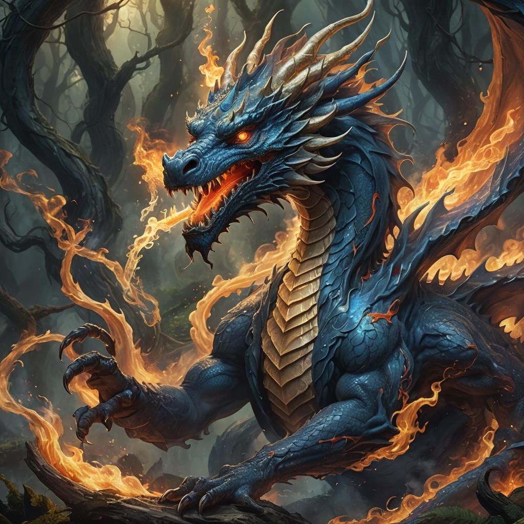 Smoking Dragon of Mystical Forest in Deep Blues and Golden H...