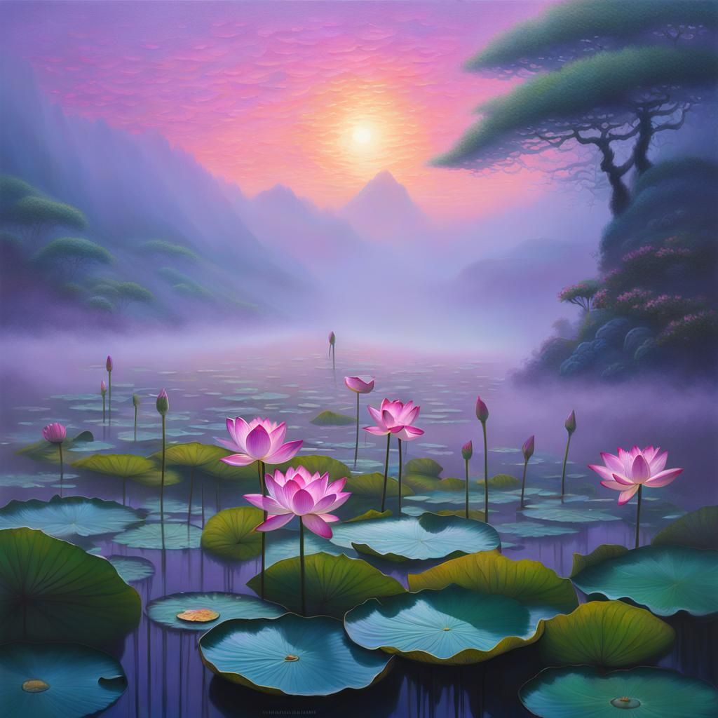 Floating Lotus Blooms in Japanese Landscape Fog