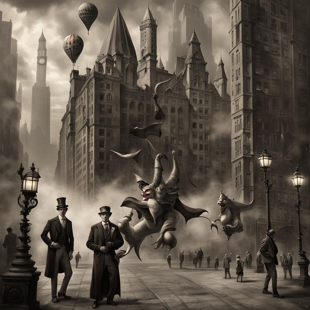 Gothic Steampunk City at Night: Dark Jester Haunts Downtown