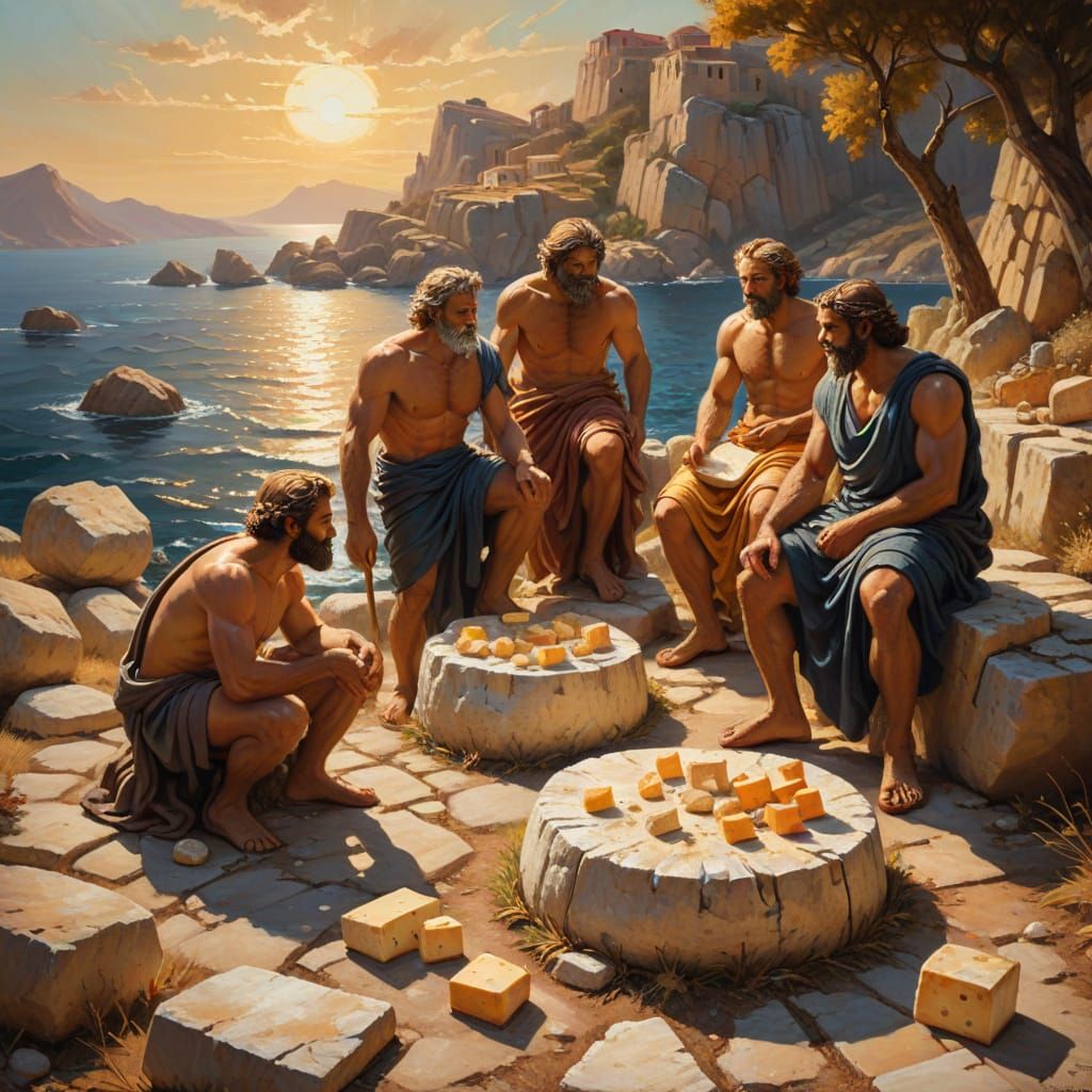 Odysseus and Crew Discover Cheeses: Earthy Oil Painting