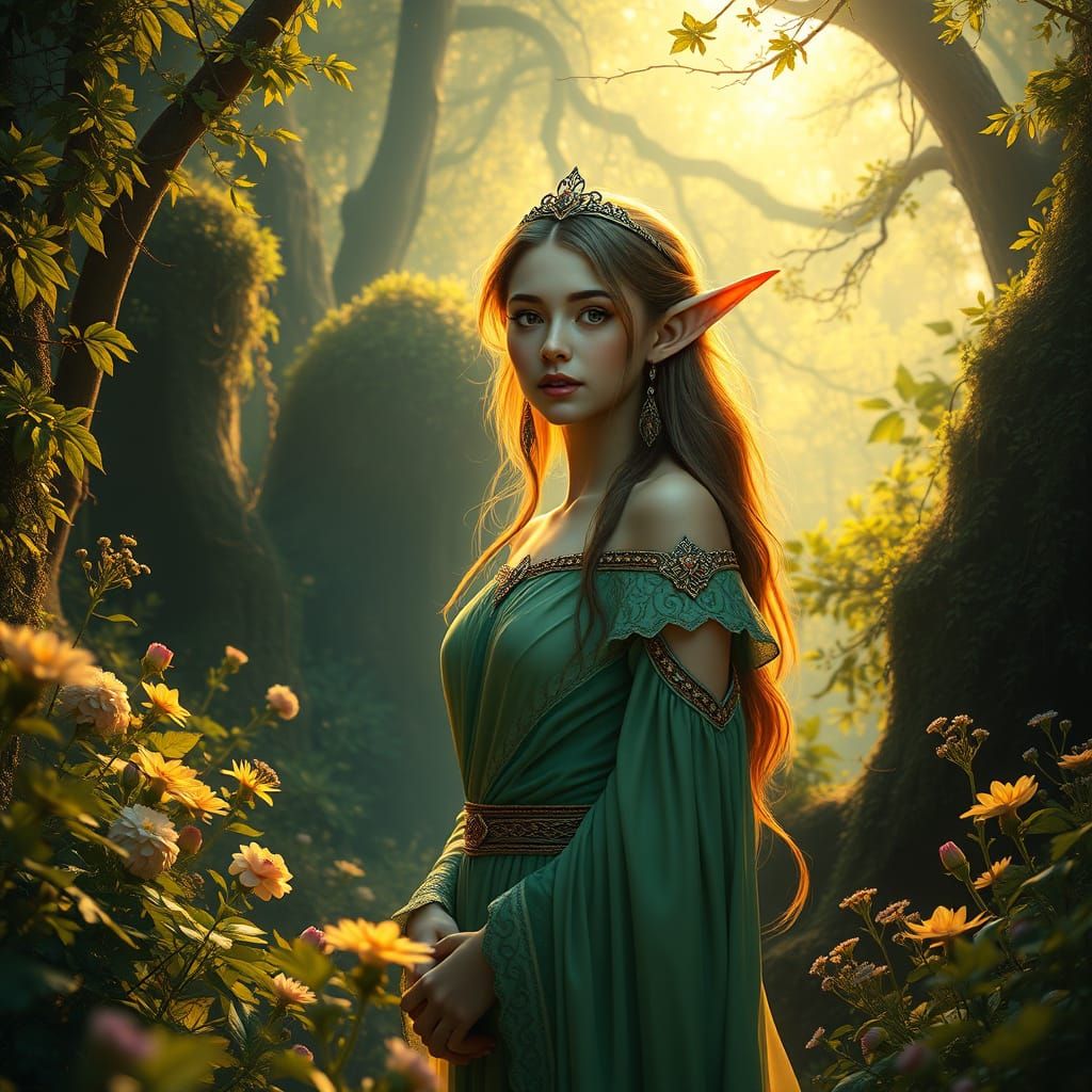 Elegant Elf Princess in a Golden Forest