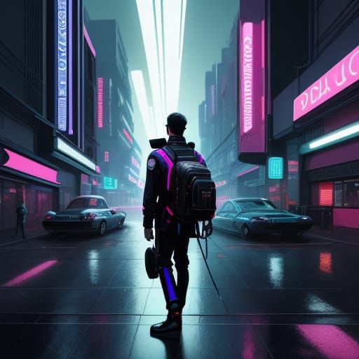 Retro-Futuristic Postman Bag in Neon Cityscape