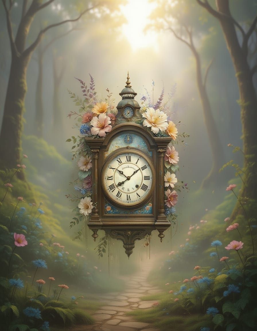Ethereal Fantasy Landscape with Delicate Clock and Flowers