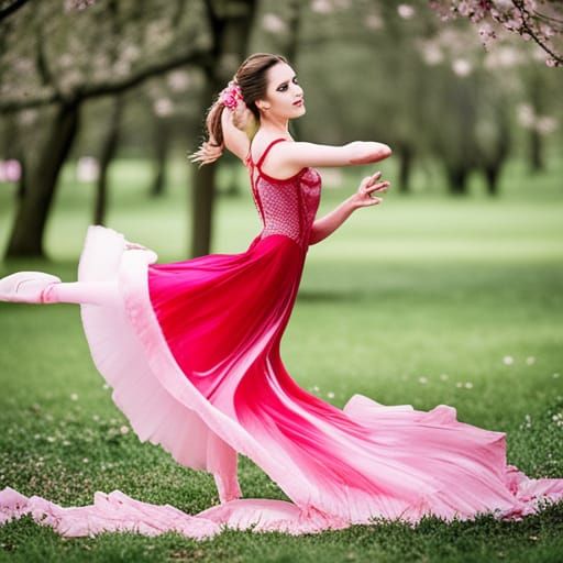 Ballerina Dancing Under Cherry Blossom Trees in Spring