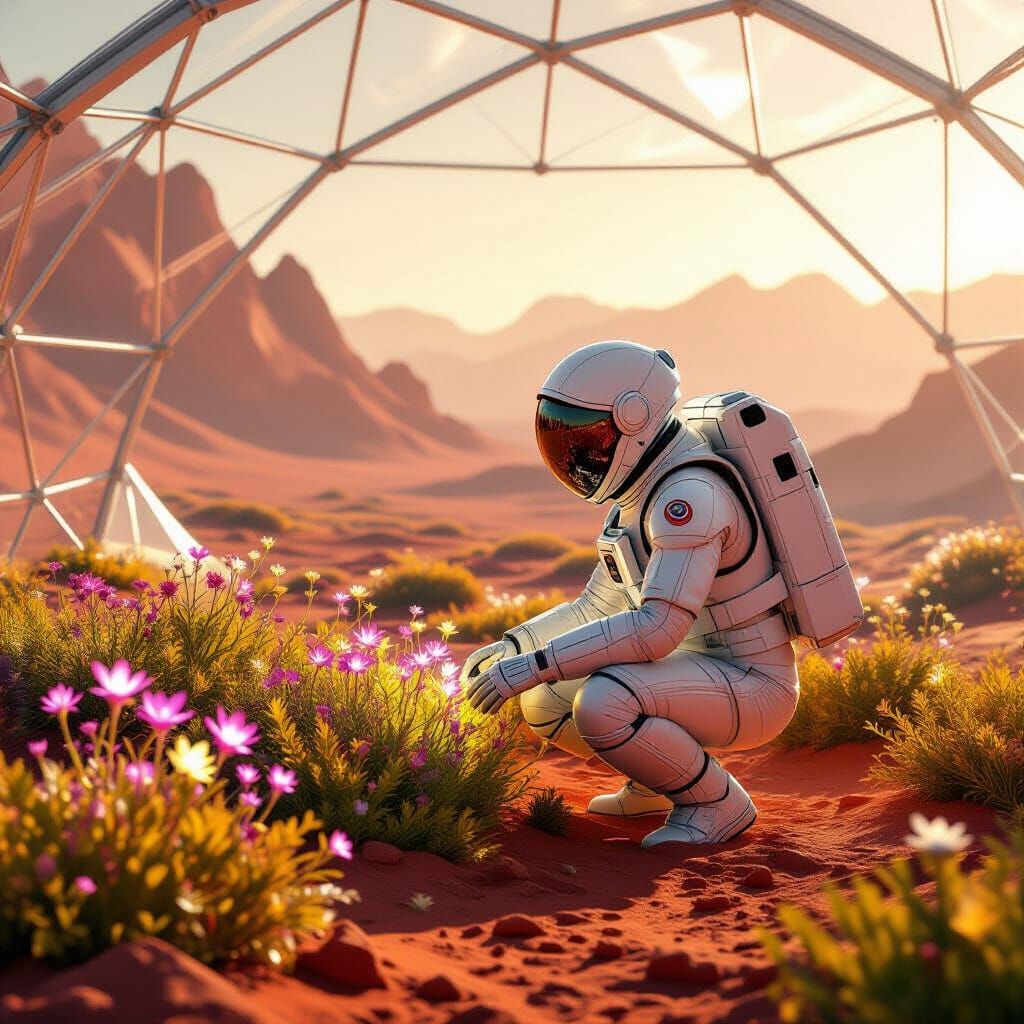 Astronaut Tends Bioluminescent Plants in Mars Biodome