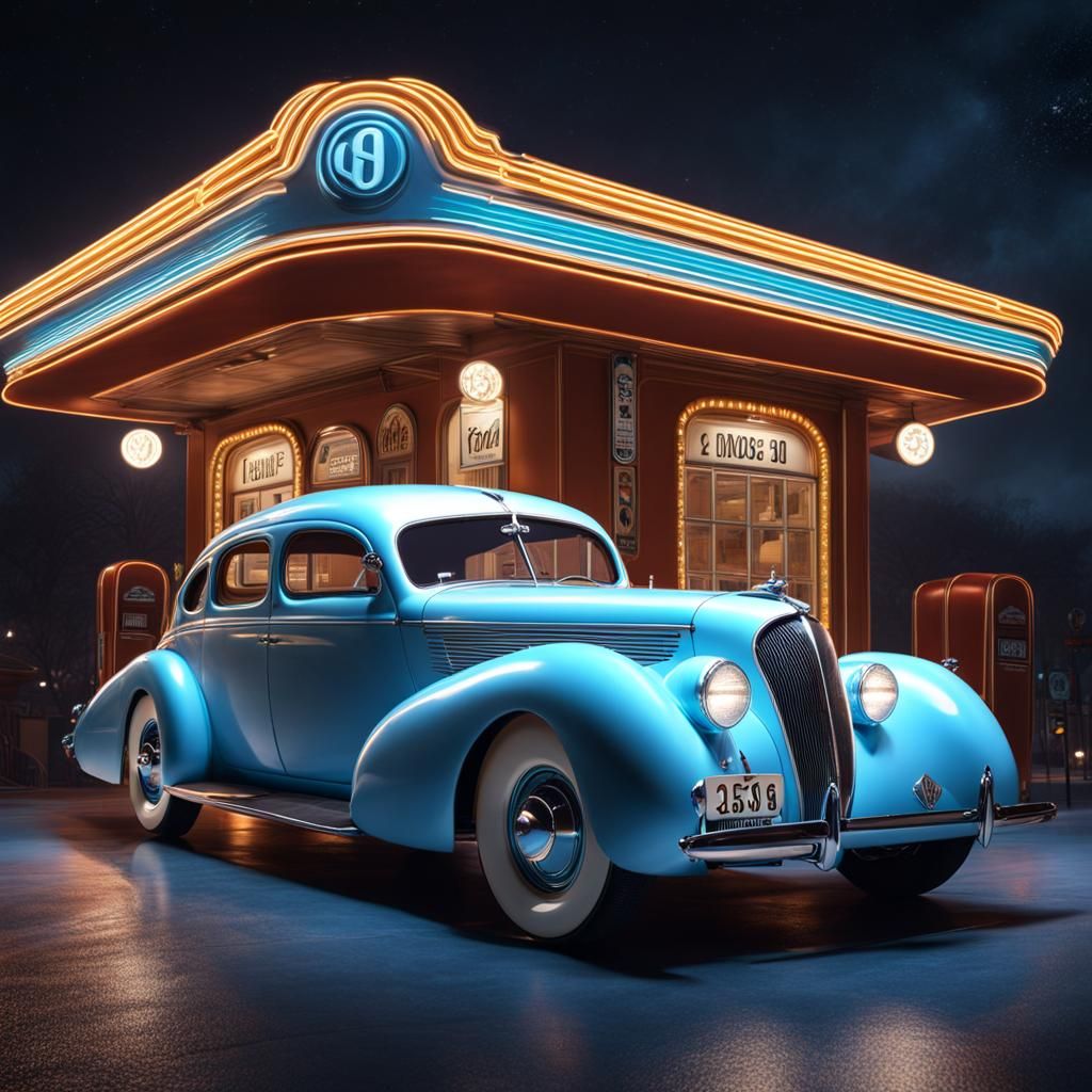 Vintage Nighttime Racing Car Scene in Art Deco Style