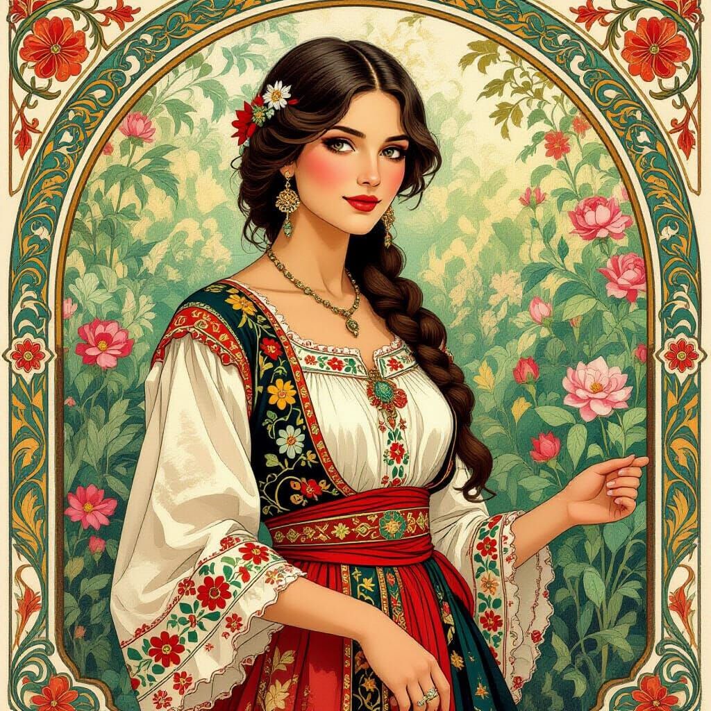 Albanian Woman in Floral Setting, Art Nouveau Style