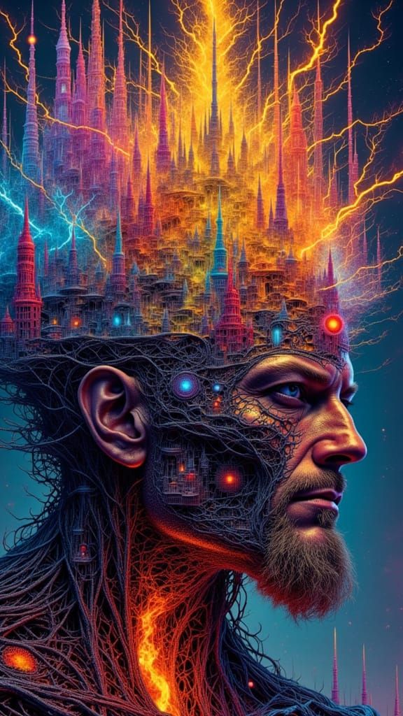 Surreal Elemental Kingdoms Intertwined with Cyborg Figure