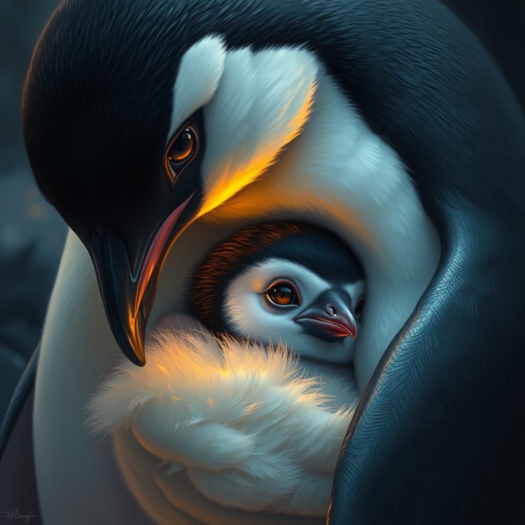 Gentle Mother Penguin and Adorable Baby in Dark Fantasy Art