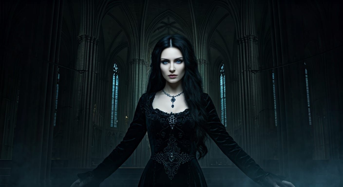 Gothic Woman in Cathedral with Dramatic Lighting