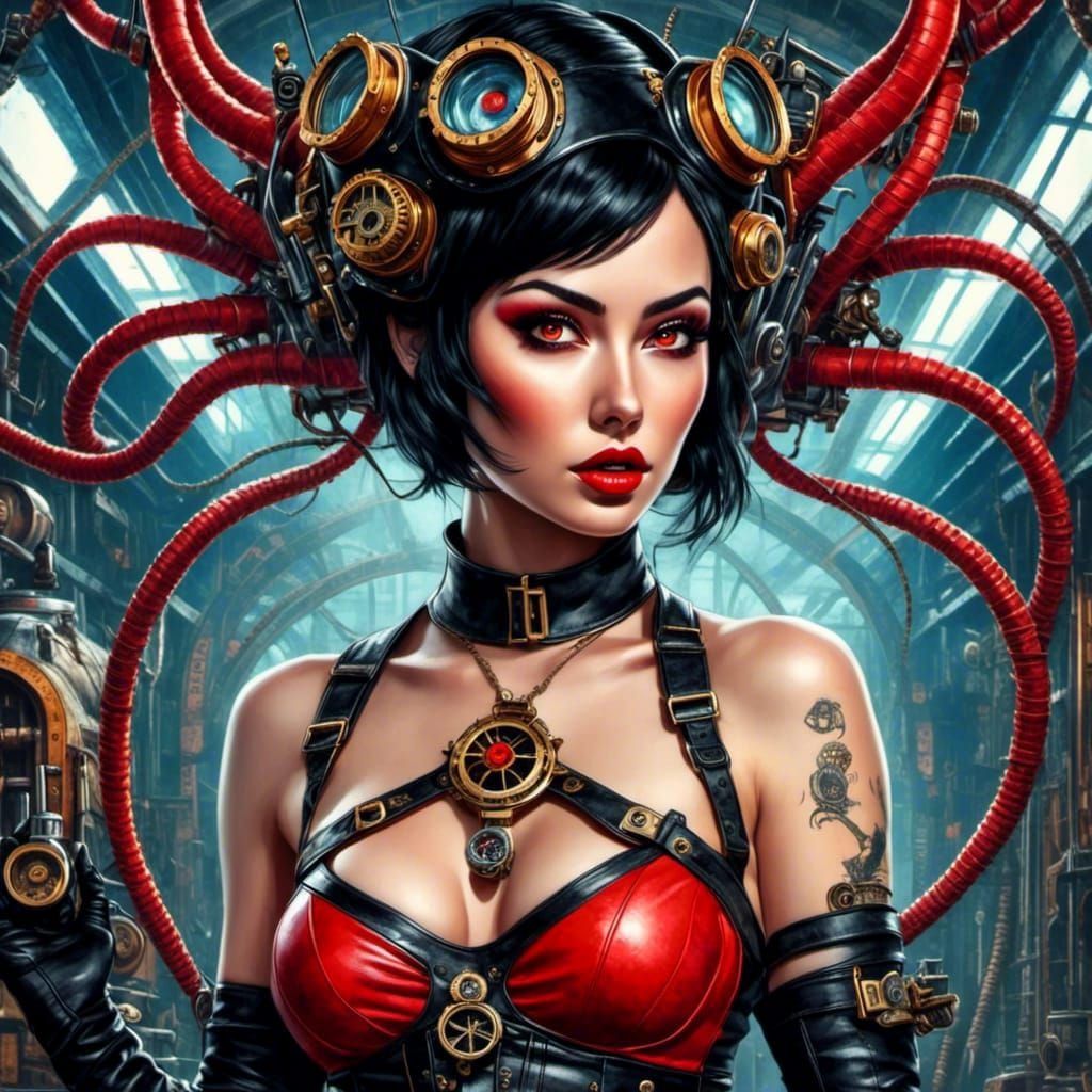 <lora:DaDaSteamPunk:1.0> closeup science fiction novella - short black hair - (glowing red eyes)  - space station <lora:...